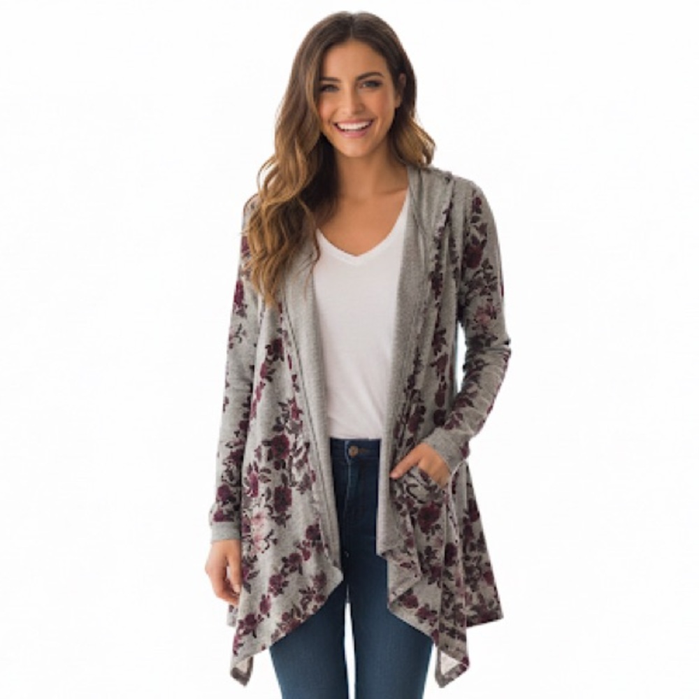 DB Sunday Open Front Floral Wrap Sweater with Hoodie Large NWT